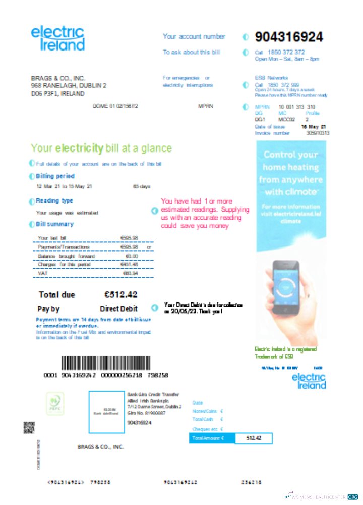Download Electric Ireland utility business bill SCR Photoshop template